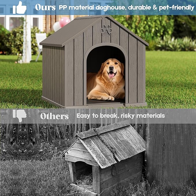 Large Dog House Outdoor Indoor for Medium Large Dogs, Durable Plastic Waterproof Doghouse with Air Vents and Elevated Floor, Easy Clean and Assemble (Classic Grey, 36.2''L×38''W×38''H)