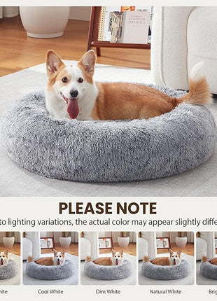 Calming Dog Bed - Donut Washable Medium Size Round Pet Bed for Dogs and Cats, 30 inches Anti-Slip Fluffy Faux Fur Plush Cat Bed, Anti-Anxiety Cushion with Anti-Slip Bottom