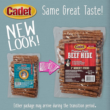 Cadet Premium Grade Beef Hide for Dogs, Long-Lasting Munchy Chew Sticks, Single-Ingredient Rawhide Dog Chews, 5-Inch, 100 Count
