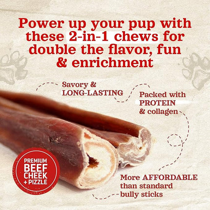 Natural Farm Power Bully Sticks Dog Chews (12”, 12-Pack), 2-in-1 Power Chews: Premium Beef Cheek Wrapped in Beef Pizzle, Double Chewing Time, Great Dog Dental Treats, for Small, Medium & Large Dogs