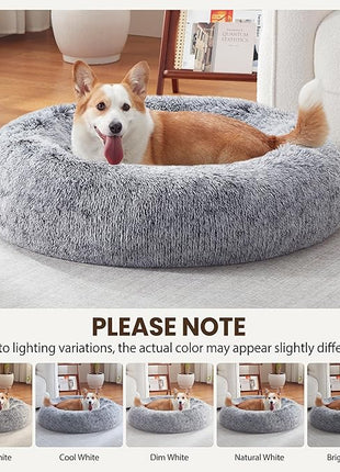 Calming Dog Bed - Donut Washable Large Size Round Pet Bed for Dogs and Cats, 36 inches Anti-Slip Fluffy Faux Fur Plush Cat Bed, Anti-Anxiety Cushion with Anti-Slip Bottom