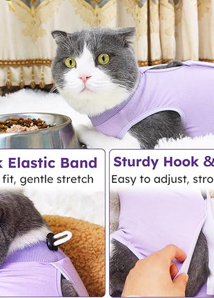 Cat Recovery Suit for Spay Abdominal Wound, Breathable Kitten Onesie for Cats After Surgery, Anti Licking Cat Cone Alternative, Pet Surgery Recovery Shirt-Purple(L)