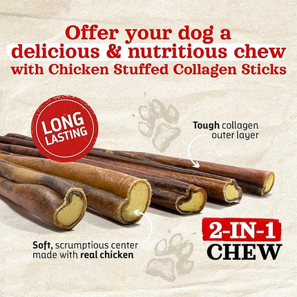 Natural Farm Chicken Stuffed Collagen Sticks with Real Chicken for Dogs (12 Inch, 5-Pack), Rawhide-Free Collagen Sticks, Odor-Free Natural Dog Chews, Long Lasting, for Small, Medium and Large Dogs