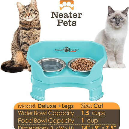 Neater Feeder Deluxe Mess Proof Cat Bowls Elevated for All Breeds – Made in USA – No Spill Raised Cat Bowls for Indoor Cats w/Leg Extensions – Stainless Steel Cat Food and Water Bowl Set - Teal