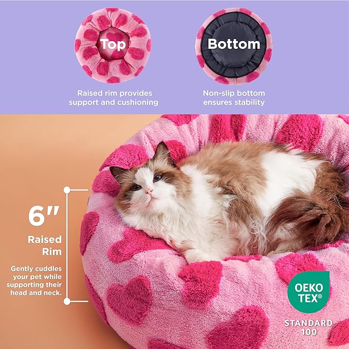 LE SURE Donut Small Dog Bed - Round Cat Beds for Indoor Cats Anti-Anxiety Calming Pet Beds, Washable Cute Modern Beds with Teddy Sherpa Plush & Anti Slip Bottom, 20 Inch, Heart Pink