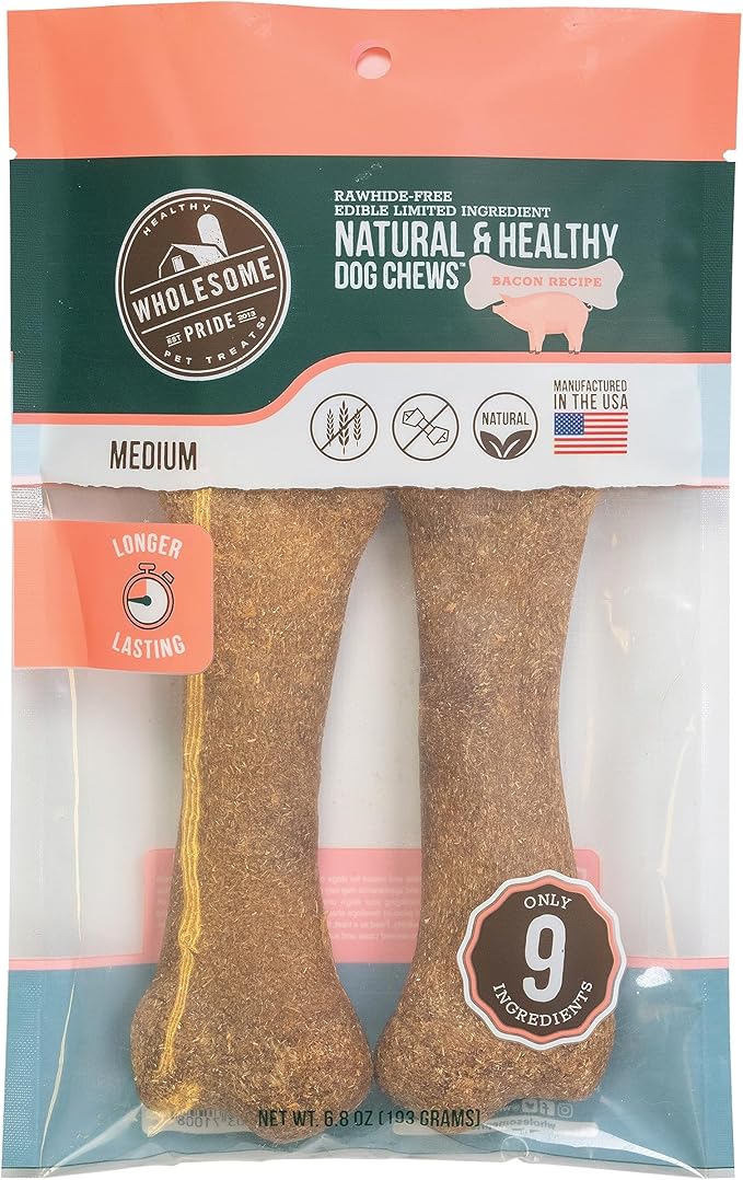 Wholesome Pride Natural & Healthy Dog Chews 2Pk for Medium Dogs, Bacon Flavor, Made in The USA