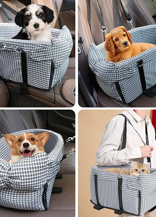 Center Console Dog Car Seat Dog Bed for Car Console Portable Armrest Booster Seat Carrier for Small Medium Dogs Anti-Collapse for Puppy Pet Up to 15 Lbs（Grid Black）