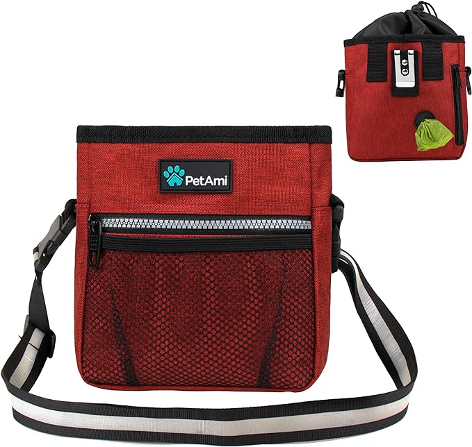 PetAmi Dog Treat Pouch, Pet Treat Pouch for Training, Dog Walking Bag Holder for Kibbles, Pet Food Toy, Dog Trainer Essentials Supplies, Poop Bag Dispenser, 3 Ways to Wear (Red)