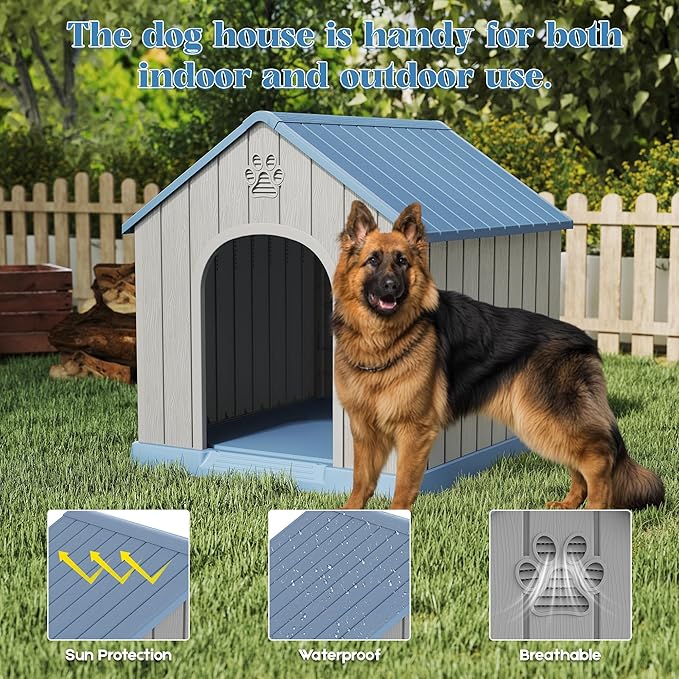 Large Dog House Outdoor Indoor for Medium Large Dogs, Durable Plastic Waterproof Doghouse with Air Vents and Elevated Floor, Easy Clean and Assemble (Blue, 36.2''L×38''W×38''H)