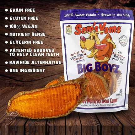 Sams Yams Sweet Potato Dog Treats, Healthy Dog Treats for Large Dogs - Sweet Potato Dog Treats Made in USA, High Fiber, Vegan Dental Chews - Big Boyz, Sweet Potato Dog Chewz, 15oz (Pack of 6)