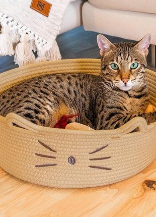 Catstages Bed & Basket Retreat 2-in-1 Cat Bed with Removable Cushion, Plush Cotton Rope, Tan, 15 in – Versatile Pet Bed and Toy Storage Basket