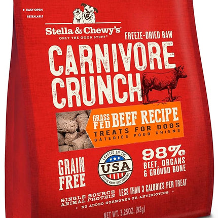 Stella & Chewy's Freeze-Dried Raw Dog Treats - Carnivore Crunch for Training - Natural Limited Ingredient, Grain-Free - Perfect for Picky Eaters - Grass-Fed Beef Recipe - 3.25 oz Bag