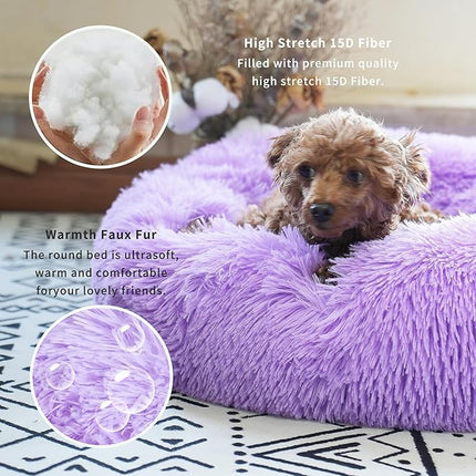 Purple Dog Bed for Small Dogs 19 Inch Donut Cuddler Plush Cat Calming Bed Machine Washable, Non-Slip Fluffy for Joint-Relief and Sleep Improvement