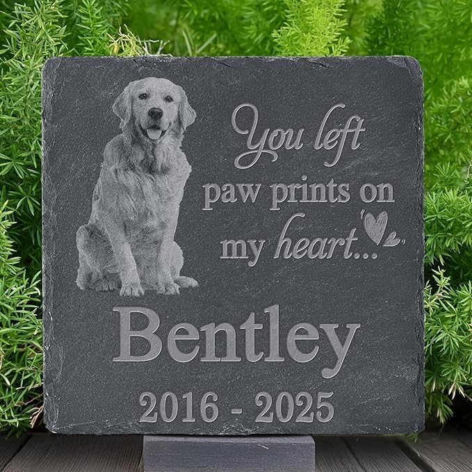 Pet Memorial Stone with Photo, Dog Memorial Gifts for Loss of Dog, Personalized Pet Memorial Gifts, Pet Loss Gift - Paw Prints On My Heart（Square）