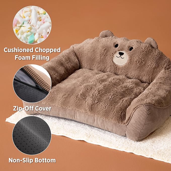 LE SURE Cute Cat Couch for Pets - Fluffy Original Bear Design Cat Beds for Indoor Cats, Fuzzy Cats Sofa with Removable Washable Cover, Supportive Pet Chair, 24inch, Brown
