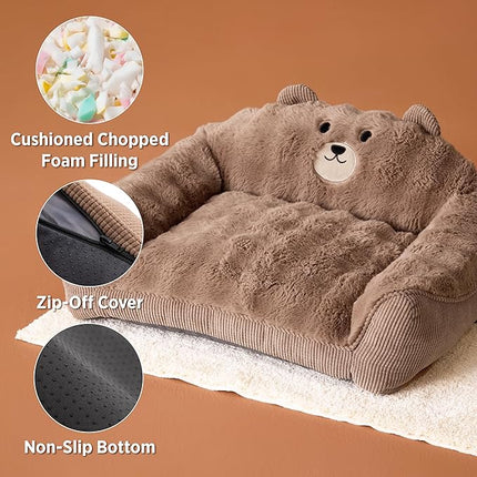 LE SURE Cute Cat Couch for Pets - Fluffy Original Bear Design for Small Dog Bed, Supportive Dog Couch with Removable Washable Cover, Puppy Bed for Small and Medium Dogs, 28inch, Brown