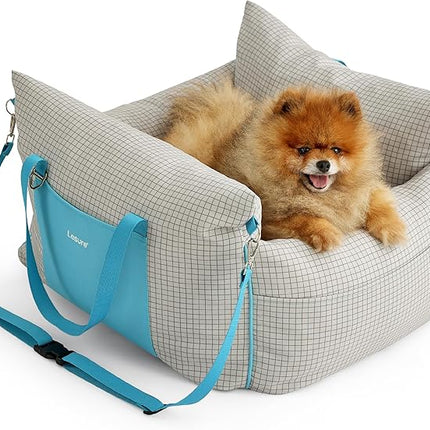 Lesure Small Dog Car Seat for Small Dogs - Waterproof Dog Booster Seat for Car with Storage Pockets and Clip-On Safety Leash and Thickened Memory Foam Filling, Pet Travel Carrier Bed Grey Grid
