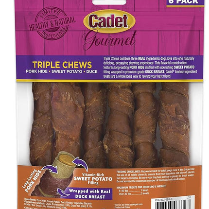 Cadet Gourmet Triple Chews Pork Hide, Sweet Potato, & Duck Dog Treats - Healthy Dog Treats for Small & Large Dogs - Inspected & Tested in USA (6 Count)