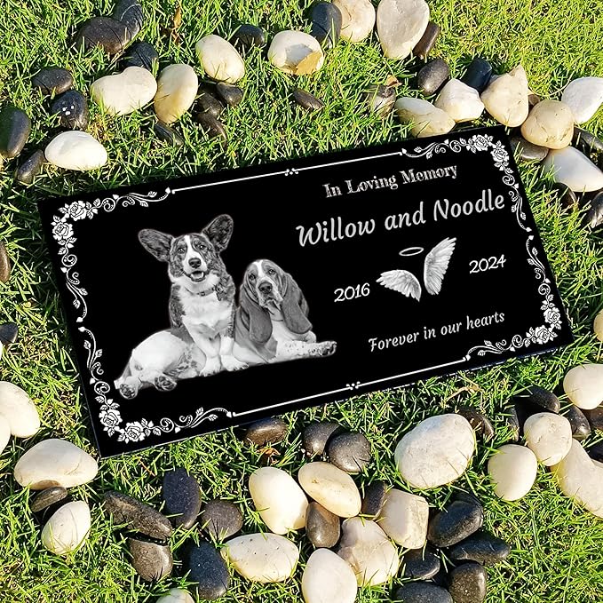 Personalized Pet Memorial Stones with Photos, Custom Engraved Black Granite Headstone, Gifts for Lost Pets
