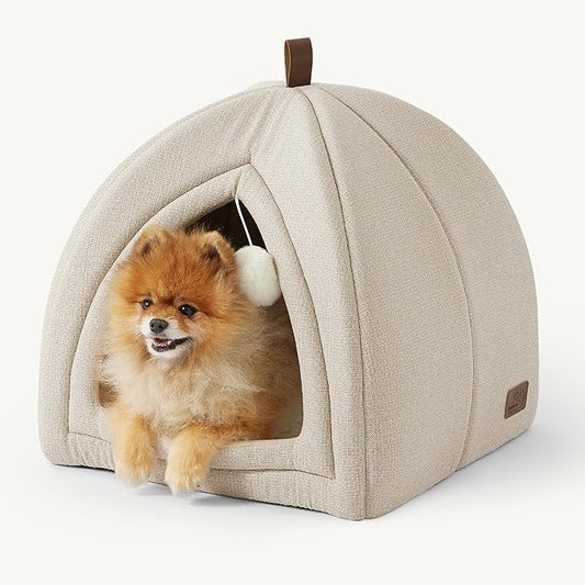 Bedsure Cat Beds for Indoor - 2 in 1 Cat Cave House Tent for Kittens and Small Pets with Removable Washable Cushioned Pillow, Foldable Kitten Hideaway with Non-Slip Bottom, Beige, 17.3 inches