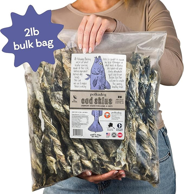 Polkadog Cod Skins for Dogs (2lb Regular) - Single Ingredient, Wild-Caught Fish Skin Dog Treats for All Breeds – High in Lean Protein & Omega-3. Hypoallergenic, Grain Free. Handcrafted & Made in USA