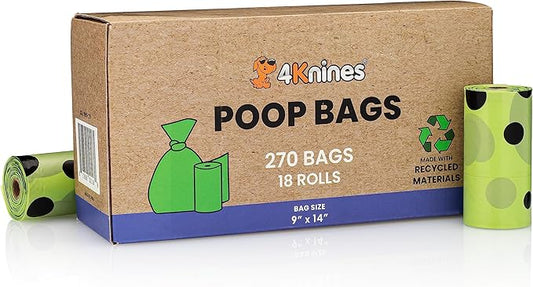 4Knines Dog Poop Bags - 270 Count (18 Rolls) Unscented, Leak-Proof & Extra-Thick Pet Waste Bags – Made with GRS-Certified 100% Recycled Materials – Fits Standard Dispensers, 9x14 Inch - Green