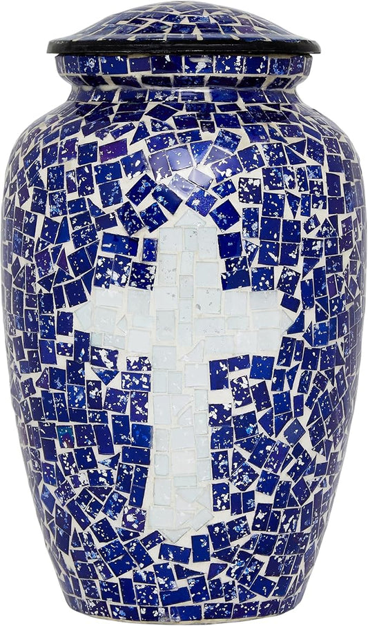 Liliane Memorials Mosaic Glass Cremation Urn - Hand Made Funeral Urn for Human Ashes - Large Adult Size - 200 cu in (Blue-White Cross)