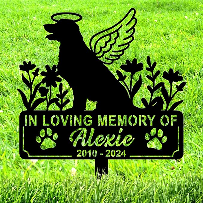 Personalized Dog Memorial Grave Marker, Custom Pet's Name Cemetery Decorations for Funerary, Metal Dog Burial Garden Stake, Outdoor Sympathy Angel Handstone Stake Plaque Gift for Loss
