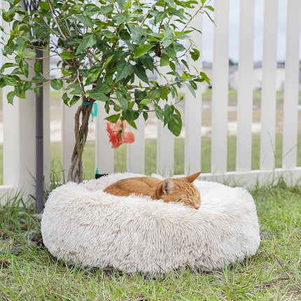 nononfish Puppy Bed for Small Dogs Washable Calming Cat Beds for Indoor Cats Anti-Slip Round Fluffy Plush Faux Fur fits up to 25 lbs Pets,23 inches Beige