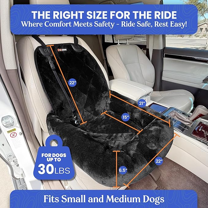 4Knines Dog Car Seat – Plush Travel Bed for SUVs, Trucks & Sedans – Comfortable, Supportive & Secure Ride for Small and Medium Dogs – Washable, Non-Slip Bottom, UV-Resistant Straps & Clips - Black