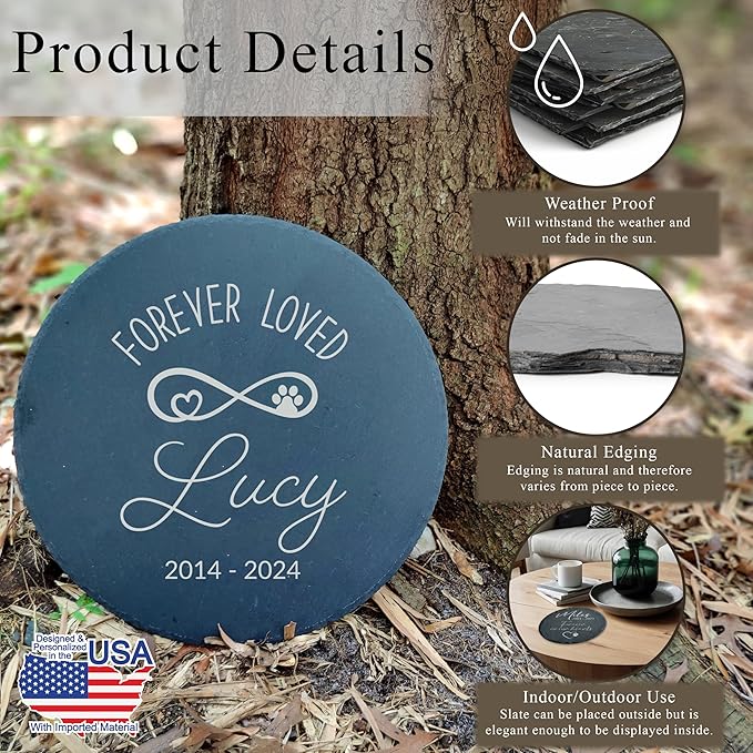 Personalized Pet Memorial Stone for Dogs and Cats | Custom Laser-Etched Weatherproof Garden Grave Marker | Natural Stone Bereavement Headstone Sympathy Gift | 4, 6, 10, or 12 Inch Heart or Circle Shape (A13)