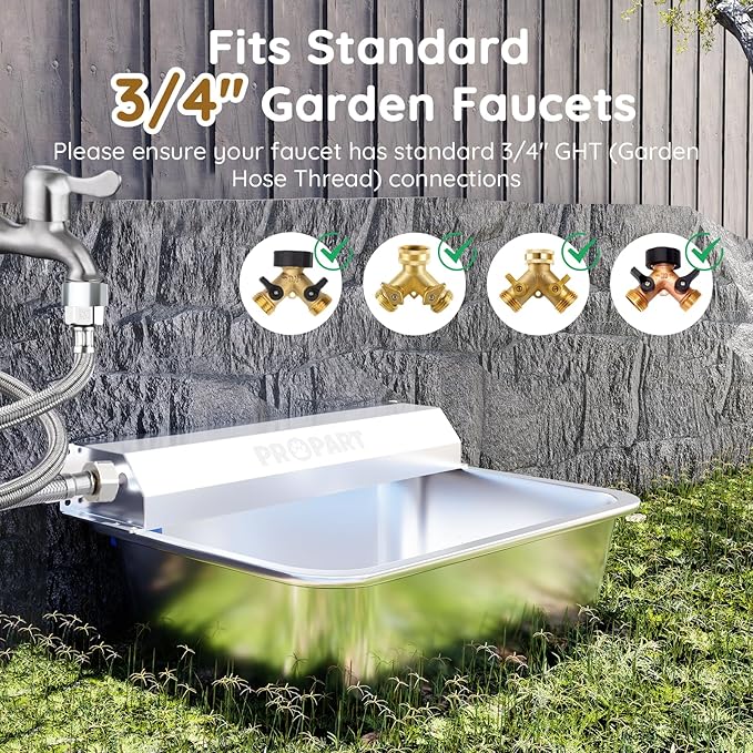 2 Gallon Automatic Dog Water Dispenser, Stainless Steel Water Bowl for Pets & Livestock, Large Auto Fill Waterer Feeder, No Electricity, Fit 3/4" GHT Faucet, Anti-Tip Design