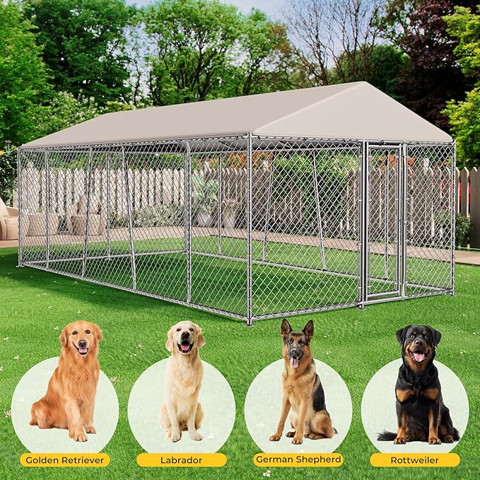 10 x 20FT Large Outdoor Dog Kennel with Roof, Dog Kennel Outside with Waterproof Cover, Galvanized Heavy Duty Chain Link Dog Runs Cage Playpen for Outside with Secure Lock