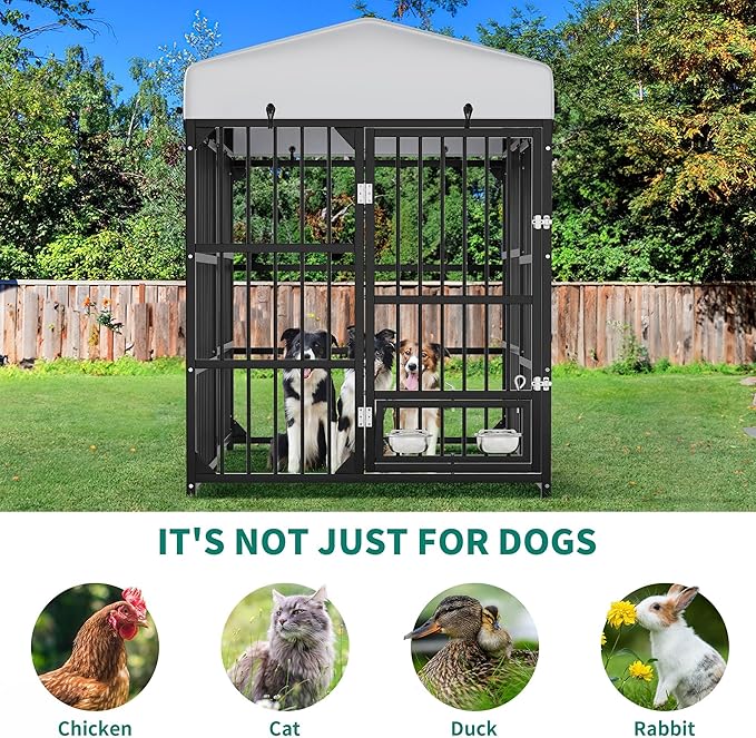 YITAHOME Large Outdoor Dog Kennel with Rotating Feeder Bowls, 8'L x 4'W x 5.4'H Dog Pens Outside with Roof, Heavy Duty Dog Cage for Medium Large Dogs