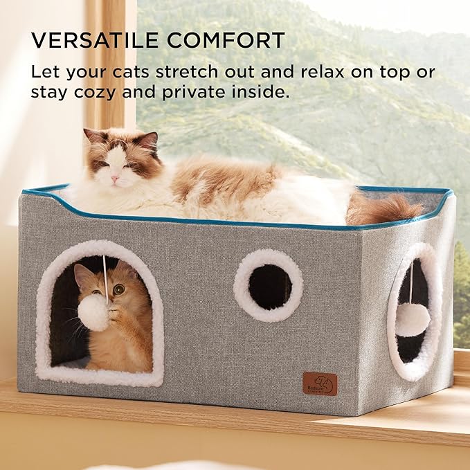 Bedsure Large Cat Beds for Indoor Cats - Extra Wide Cat Cube House for Small Pet with Fluffy Ball Hanging and Scratch Pad, Foldable Pet Cave Hideaway for Multiple Cats, 23.6x16.9x13 inches, Grey