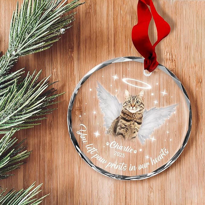 Personalized Cat Memorial Ornament, Pet Loss, Angel Keepsake for Cat Lovers, Custom Photo Glass Ornament – You Left Paw Prints in Our Hearts