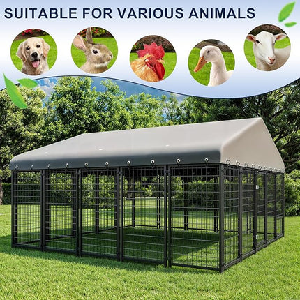 Large Dog Kennel Outside Heavy-Duty Outdoor Dog Cage with Roof and Double Lock - Spacious, Dog Crate for Pets with Feeding, 120"X117"