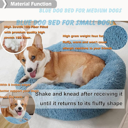 Dog Beds for Medium Dogs Washable Calming Bed for Dogs Blue Fluffy and Soft Dog Bed Anti Anxiety Faux Fur Round Medium Sized Pet Bed for Dogs