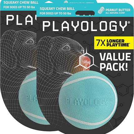 Playology Dog Toys | Squeaky Chew Ball - Bouncy Durable Floating Fetch Ball for Dogs, Value 2-Pack | Medium Peanut Butter Scented Toy - Easy to Clean and Made from Non Toxic Materials