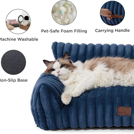 Bedsure Cute Cat Couch for Pets - Fluffy Small Dog Sofa with Premium Soft Corduroy Fleece, Pet Sofa with Removable Washable Cover, Supportive Dog Couch Bed for Small Medium Dogs, 30inch, Night Blue