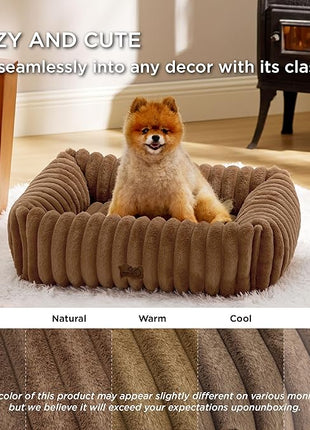 Bedsure Cute Dog Bed for Small Medium Dogs - Washable Furry Puppy Beds, Rectangle Orthopedic Corduroy Fleece Pet Beds with Removable Zipper Cover, 25x21x7inches, Camel Brown