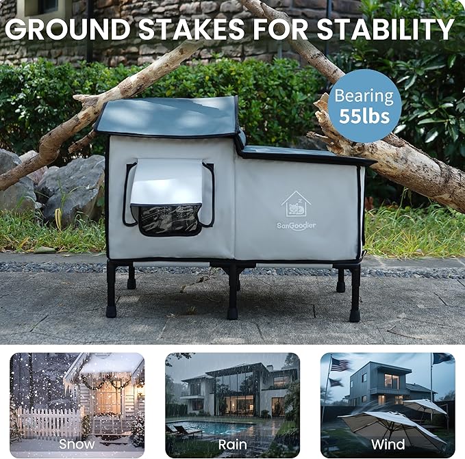 Outdoor Cat House Weatherproof, Clawsable Cat Houses with Insulation Layer, Foldable Cats Shelter, Large Cave Bed for Pets Up to 55lbs for Garden, Patio, or Backyard (Grey-L)