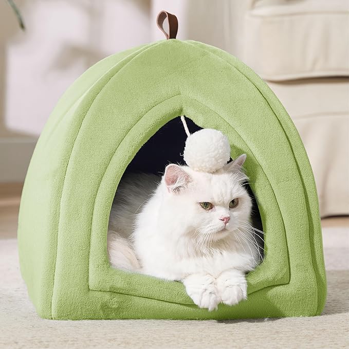 Bedsure Cat Beds for Indoor - 2 in 1 Cat Cave House Tent for Kittens and Small Pets with Removable Washable Cushioned Pillow, Foldable Kitten Hideaway with Non-Slip Bottom, Green, 16 inches