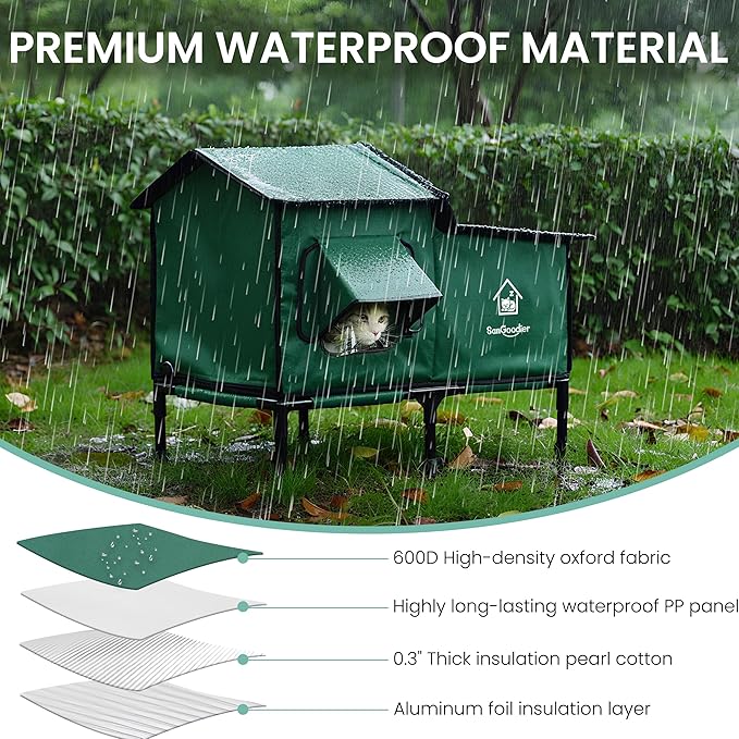 Outdoor Cat House Weatherproof, Clawsable Cat Houses with Insulation Layer, Foldable Cats Shelter, Large Cave Bed for Pets Up to 55lbs for Garden, Patio, or Backyard (Green-L)