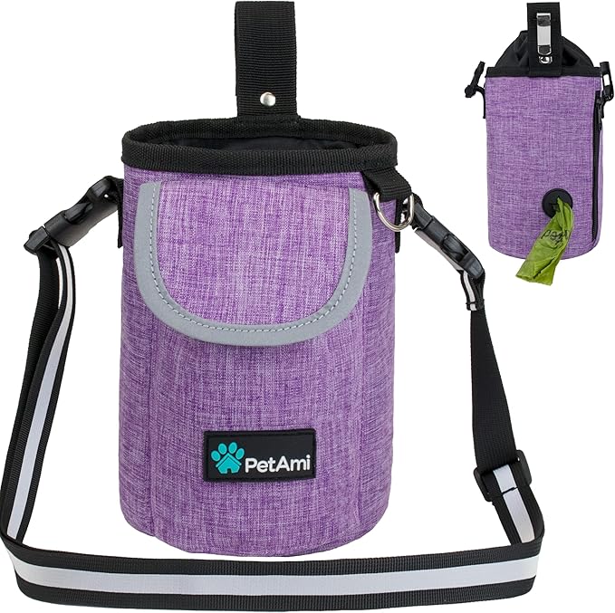 PetAmi Dog Treat Pouch, Large Pet Training Treat Pouch with Pocket, Dog Trainer Essentials Supply Holder with Poop Bag Dispenser, Training Bag for Kibbles Toys, 3 Ways to Wear (Purple)