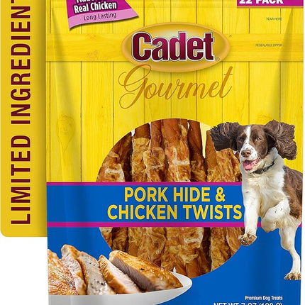 Cadet Gourmet 5-Inch Pork Hide Twist Chew Sticks, Long-Lasting and Natural Rawhide Chews for Dogs, Inspected & Tested in USA, Chicken Flavor, 22 Count