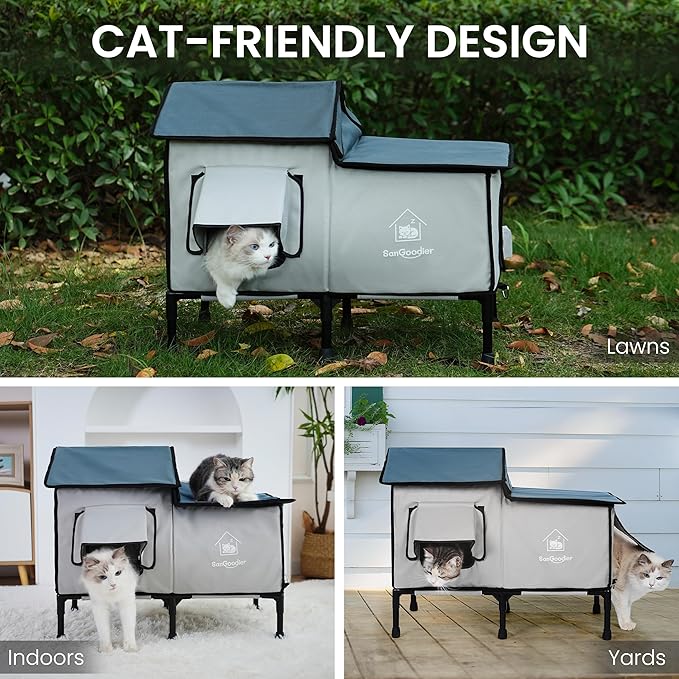 Outdoor Cat House Weatherproof, Clawsable Cat Houses with Insulation Layer, Foldable Cats Shelter, Large Cave Bed for Pets Up to 55lbs for Garden, Patio, or Backyard (Grey-L)