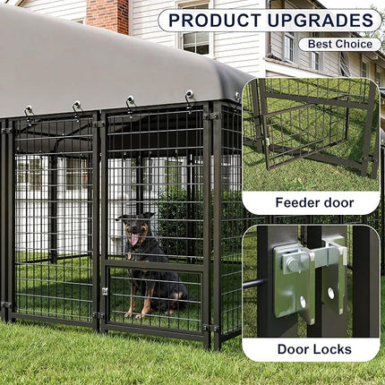 Large Dog Kennel Outside Heavy-Duty Outdoor Dog Cage with Roof and Double Lock - Spacious, Dog Crate for Pets with Feeding, 120"X117"