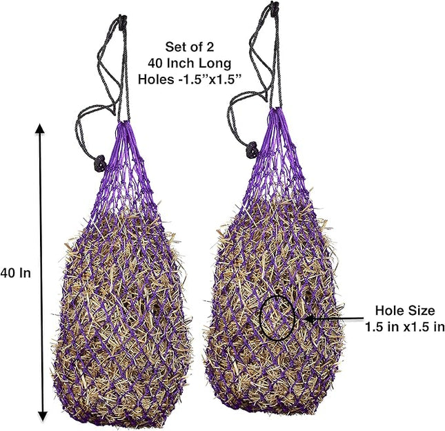 Majestic Ally 2 pcs Ultra Slow Feed 1.5"x1.5" Holes 40” Hay Net for Horses and livestocks (Purple)