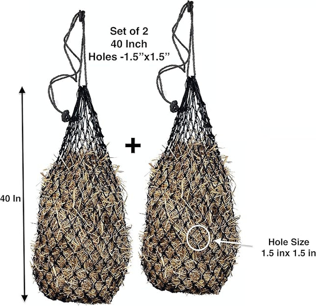 Majestic Ally 2 pcs Ultra Slow Feed 1.5"x1.5" Holes 40” Hay Net for Horses and livestocks (Black)